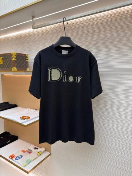 Dior Crew-Neck Short-Sleeve T-Shirt with Dotted Matte Embroidery