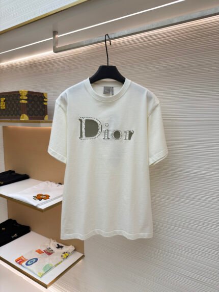 Dior Crew-Neck Short-Sleeve T-Shirt with Dotted Matte Embroidery