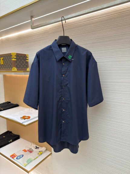 Dior Cotton Short-Sleeve Shirt with Clover Embroidery and Logo