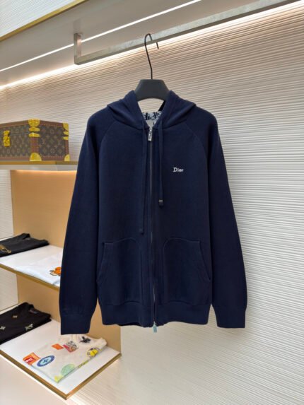 Dior Wool Knit Hoodie with Letter Embroidery and Jacquard Lining