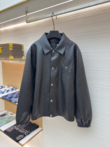 Chrome Hearts Leather Jacket with Silver Cross Accents