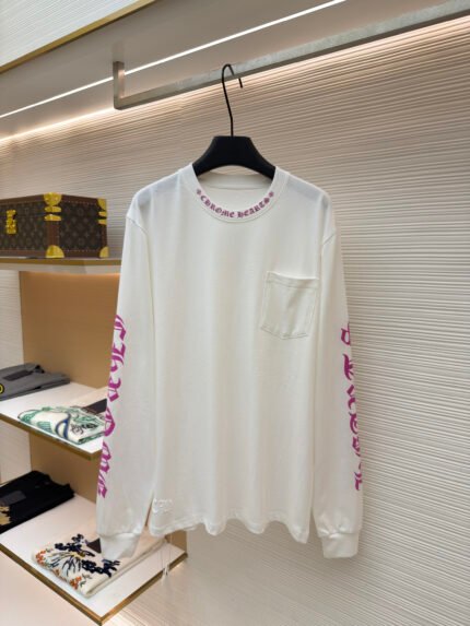 Chrome Hearts Long-Sleeve Shirt with Rose-Red Neckline