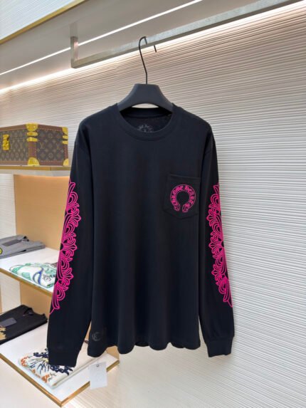 Chrome Hearts Pink Long-Sleeve T-Shirt with Cross Vine Sleeves and Horseshoe Back Graphic