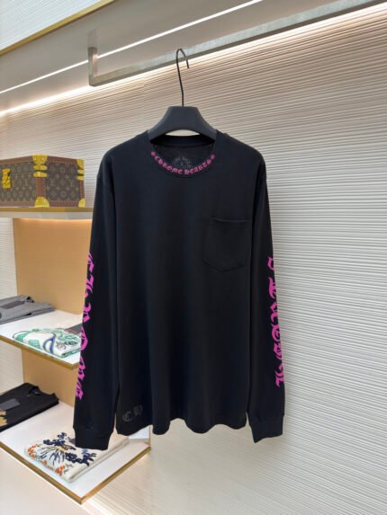 Chrome Hearts Long-Sleeve Shirt with Rose-Red Neckline