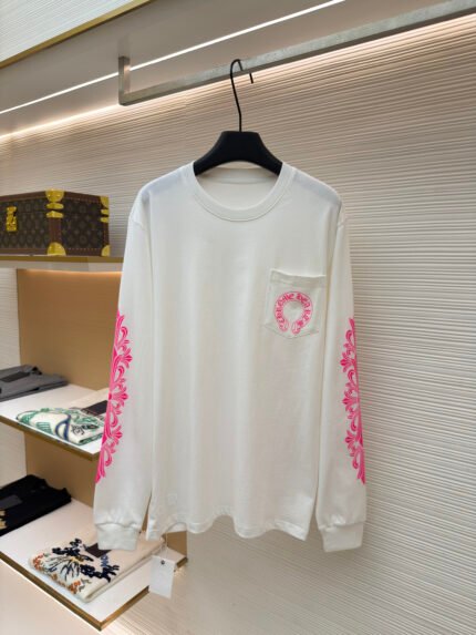 Chrome Hearts Pink Long-Sleeve T-Shirt with Cross Vine Sleeves and Horseshoe Back Graphic