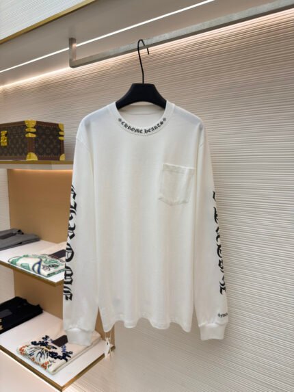 Chrome Hearts: Minimalist Long-Sleeve Tee with Neckline Print and Sleeve Graphics