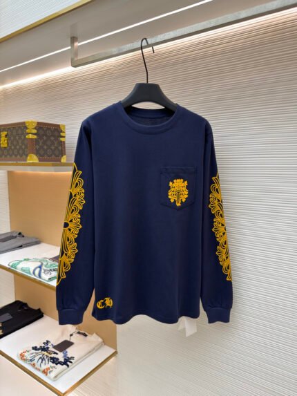 Chrome Hearts Navy Blue Long-Sleeve T-Shirt with Yellow Vine and Sword Back Graphic