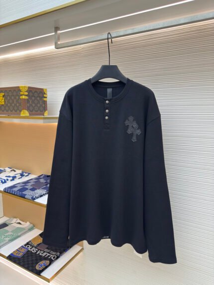 Chrome Hearts Waffle-Knit Henley Sweatshirt with Leather Paneling