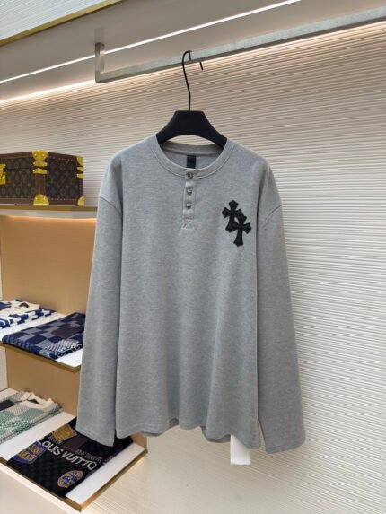 Chrome Hearts Waffle-Knit Henley Sweatshirt with Leather Paneling