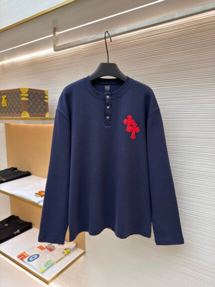 Chrome Hearts Waffle-Knit Henley Sweatshirt with Leather Paneling