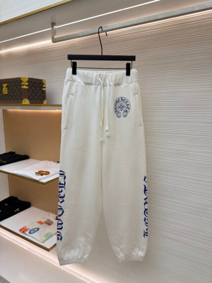 Chrome Hearts Joggers with Blue Sanskrit Lettering on the Side