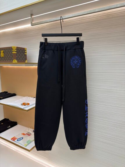 Chrome Hearts Joggers with Electric Blue Sanskrit Lettering on the Side