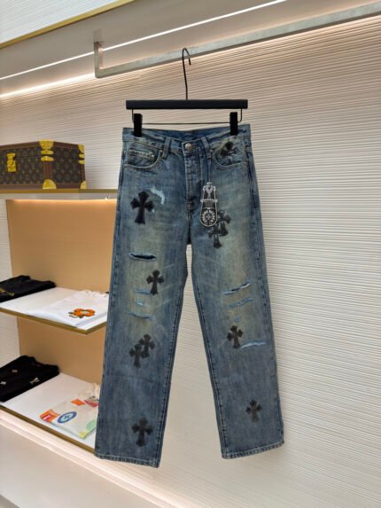 Chrome Hearts Distressed Denim Jeans with Cross Logos