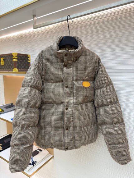 Louis Vuitton Tweed Plaid Belted Stand-Collar Long-Sleeve Cotton Jacket