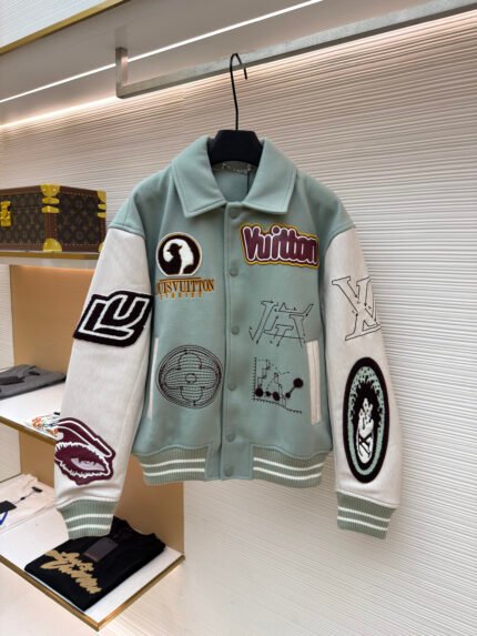 LOUIS VUITTON Color-block Baseball Jacket with Letter Appliqués and Print