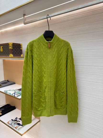 LOUIS VUITTON Runway Damier Jacquard Cable-Knit Zip Cardigan