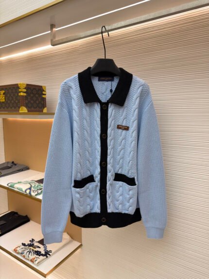 Louis Vuitton Color-Block Cable-Knit Cardigan with Letter Patches and Shawl Collar
