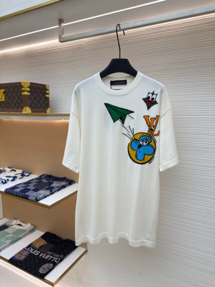 LOUIS VUITTON Knitted Short-Sleeve Wool Top with Playful Paper Airplane Motif