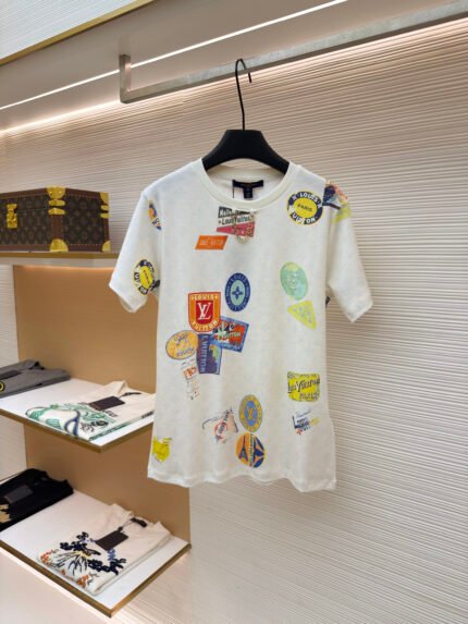 LOUIS VUITTON Vintage Travel Postmark All-Over Print Short-Sleeve Top with Metal Chain Embellishment [Women's]