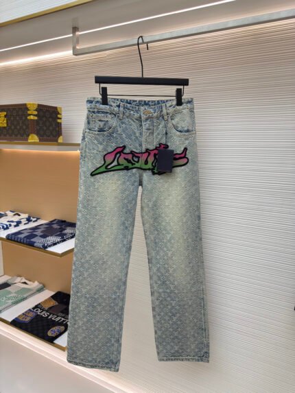 Louis Vuitton Flame Graffiti Appliqué Jacquard Denim Jeans