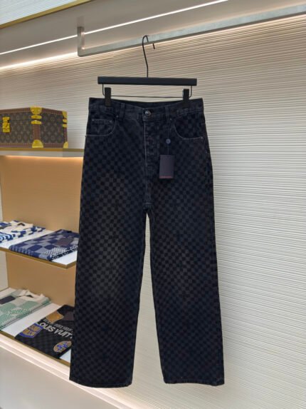 LOUIS VUITTON SS25 Plaid Gradient Flocked Denim Jeans