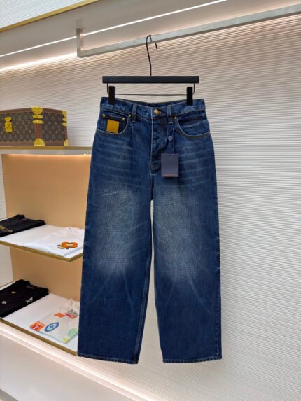 Louis Vuitton Wide-Leg Denim Trousers with Allover Patterned Stripes and Leather Logo Patch