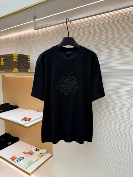 Louis Vuitton Black Floral Pattern Crew-Neck Short-Sleeve T-Shirt