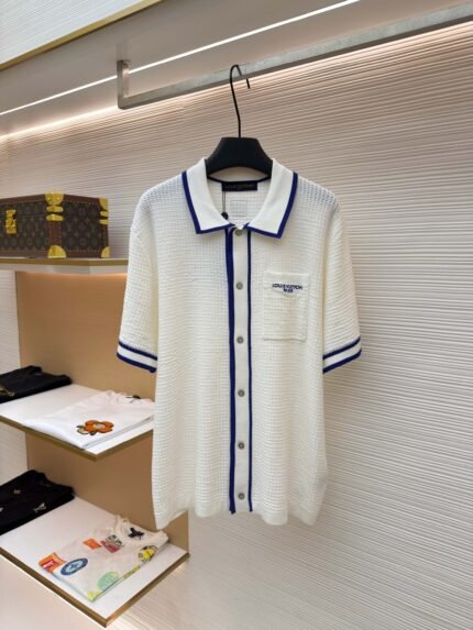 Louis Vuitton Color-Block Knitted Short-Sleeve Shirt with Embroidered Pocket Lettering