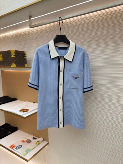Louis Vuitton Color-Block Knitted Short-Sleeve Shirt with Embroidered Pocket Lettering