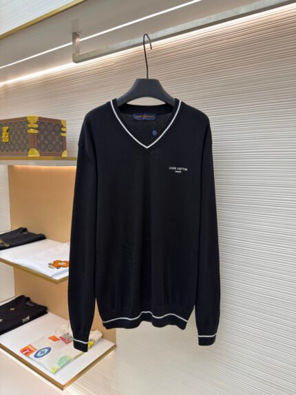 Louis Vuitton V-Neck Knit Sweater with Letter Embroidery and Color-Block Trim