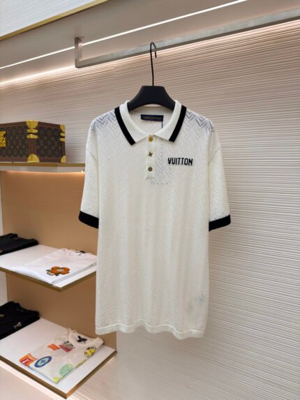 LOUIS VUITTON Contrast Floral-Button Mesh Short-Sleeve Knit Top