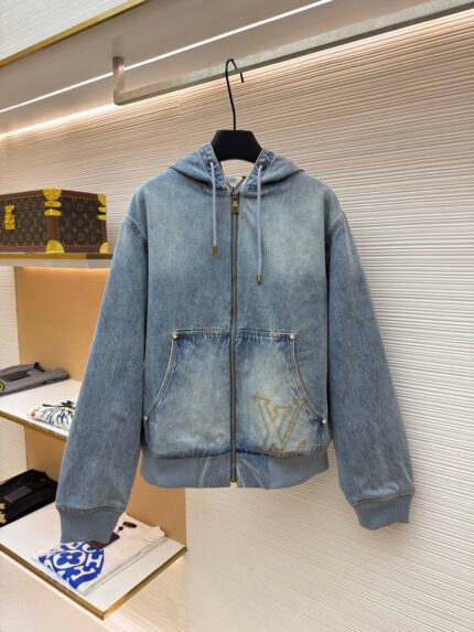 LOUIS VUITTON Hooded Denim Jacket with Embroidered Pocket Lettering