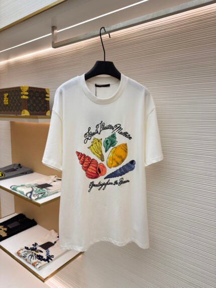 Louis Vuitton Letter & Shell Print Crew-Neck Short-Sleeve Top