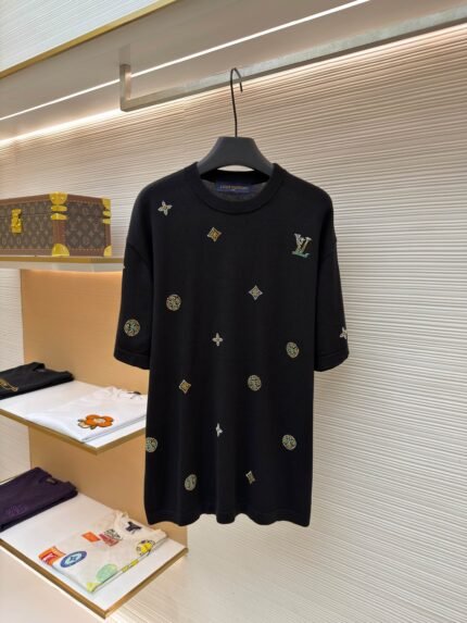 Louis Vuitton Short-Sleeve Jacquard Knit Top with Hot-Fix Crystal Logo