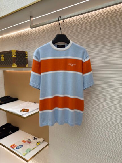 Louis Vuitton Color-Block Striped Short-Sleeve Knit with Logo Lettering