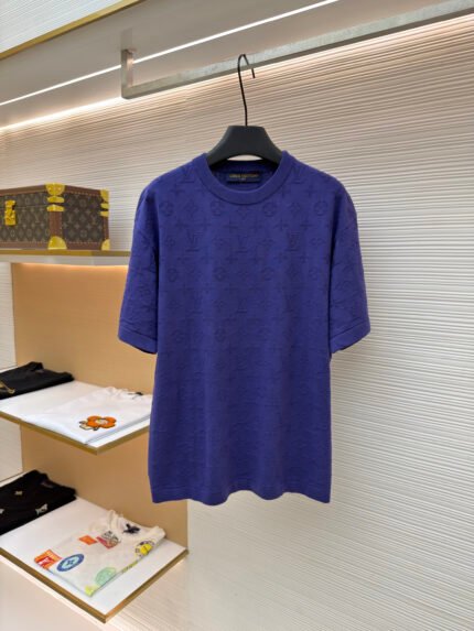 LOUIS VUITTON Short-Sleeve Jacquard Knit Sweater with Allover Lettering
