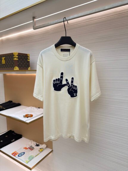 Louis Vuitton Color-Block Knitted Short-Sleeve Top with Embroidered Lettering and Hand Gestures