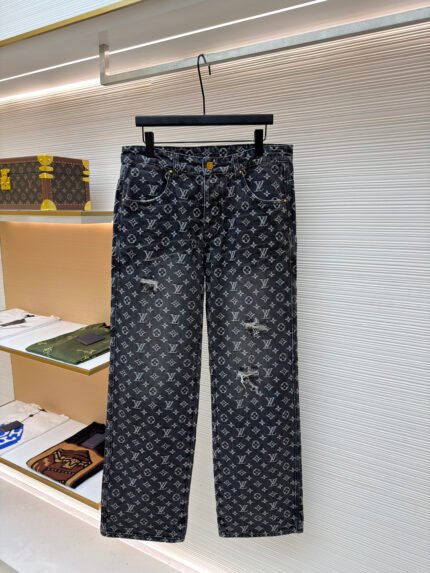 Louis Vuitton Limited Edition Distressed Jacquard Denim Jeans with "Little Red Man" Embroidery