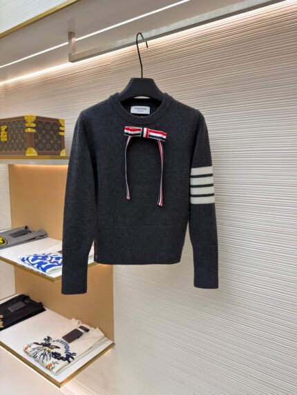 THOM BROWNE 100% Wool Crewneck Sweater with Bow Detail [Women's]