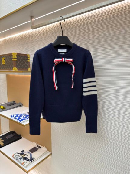 THOM BROWNE 100% Wool Crewneck Sweater with Bow Detail [Women's]