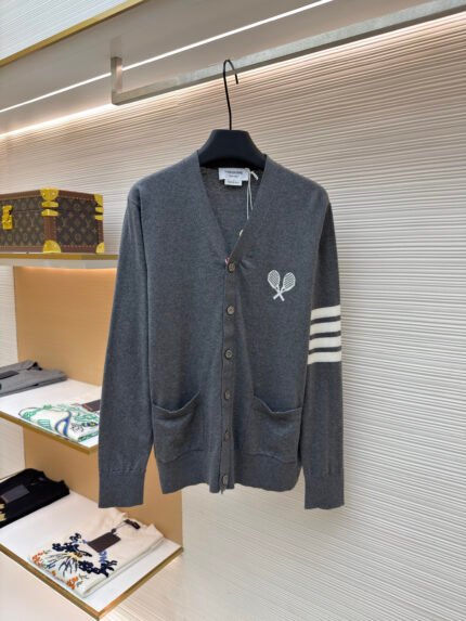 THOM BROWNE Tennis Racket Intarsia-Stripe Wool V-Neck Cardigan