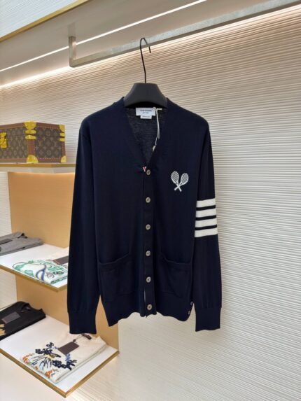 THOM BROWNE Tennis Racket Intarsia-Stripe Wool V-Neck Cardigan