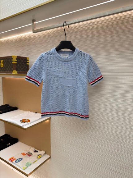 THOM BROWNE Striped Open-Knit Crewneck Short-Sleeve Pullover [Women's]