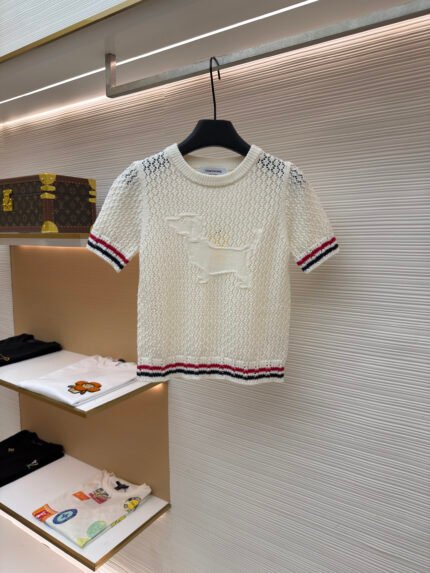 THOM BROWNE Striped Open-Knit Crewneck Short-Sleeve Pullover [Women's]
