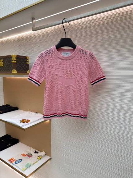 THOM BROWNE Striped Open-Knit Crewneck Short-Sleeve Pullover [Women's]