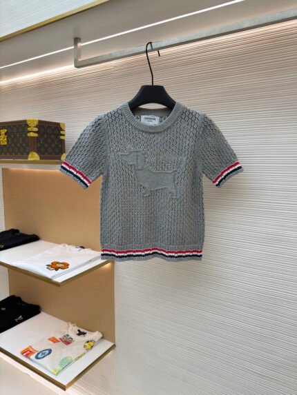THOM BROWNE Striped Open-Knit Crewneck Short-Sleeve Pullover [Women's]