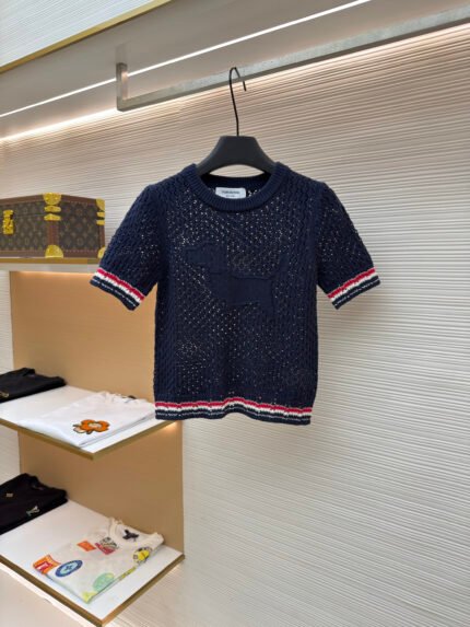 THOM BROWNE Striped Open-Knit Crewneck Short-Sleeve Pullover [Women's]