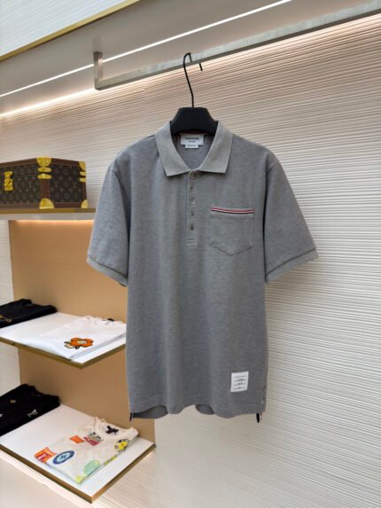 Thom Browne Short-Sleeve Polo with Chest Pocket and Split Hem