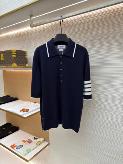 Thom Browne 4-Bar Polo Shirt — Mulberry Silk, Short Sleeve