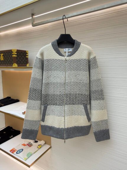 Thom Browne Herringbone Zip-Front Long-Sleeve Stand-Collar Mohair Sweater